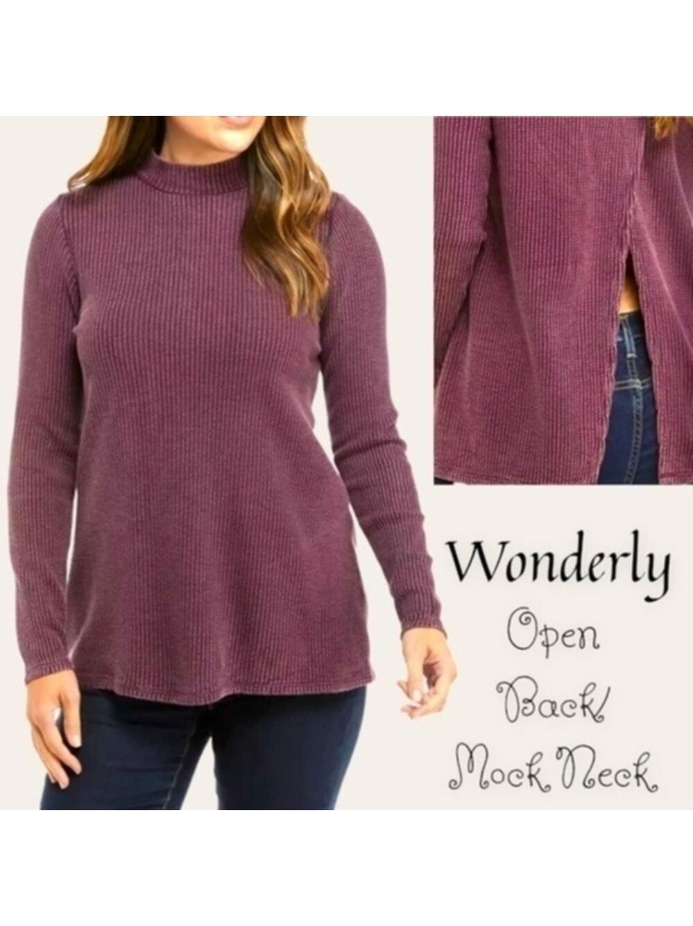 WONDERLY Long Sleeve Waffle Knit Mock Neck Split-Back-Panels Top/Sweater NWT/Lg